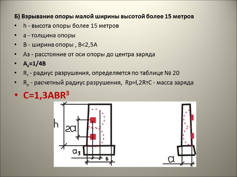 Б) Взрывание опоры малой ширины высотой более 15 метров h - высота опоры более